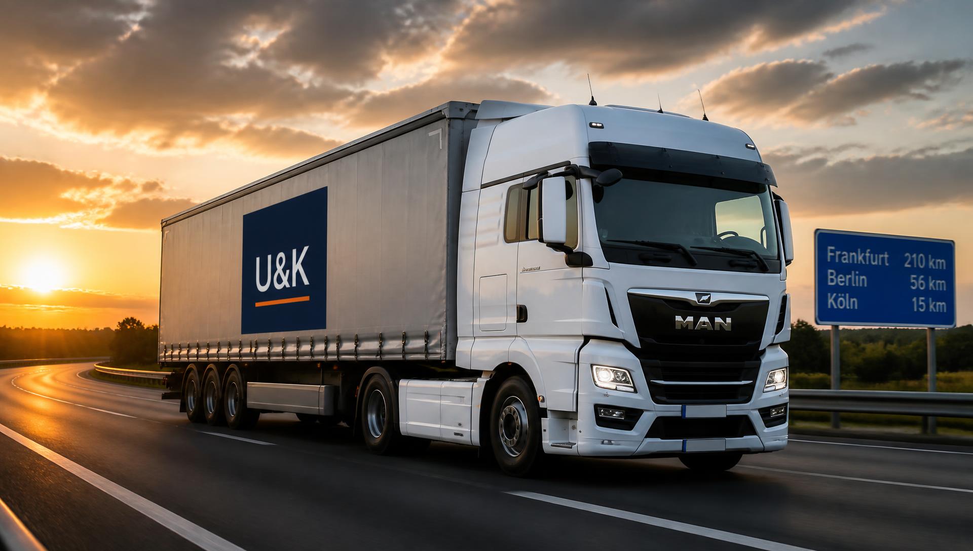 Sattelzug der U & K Transport und Dienstleistung GmbH auf der Autobahn im Abendlicht