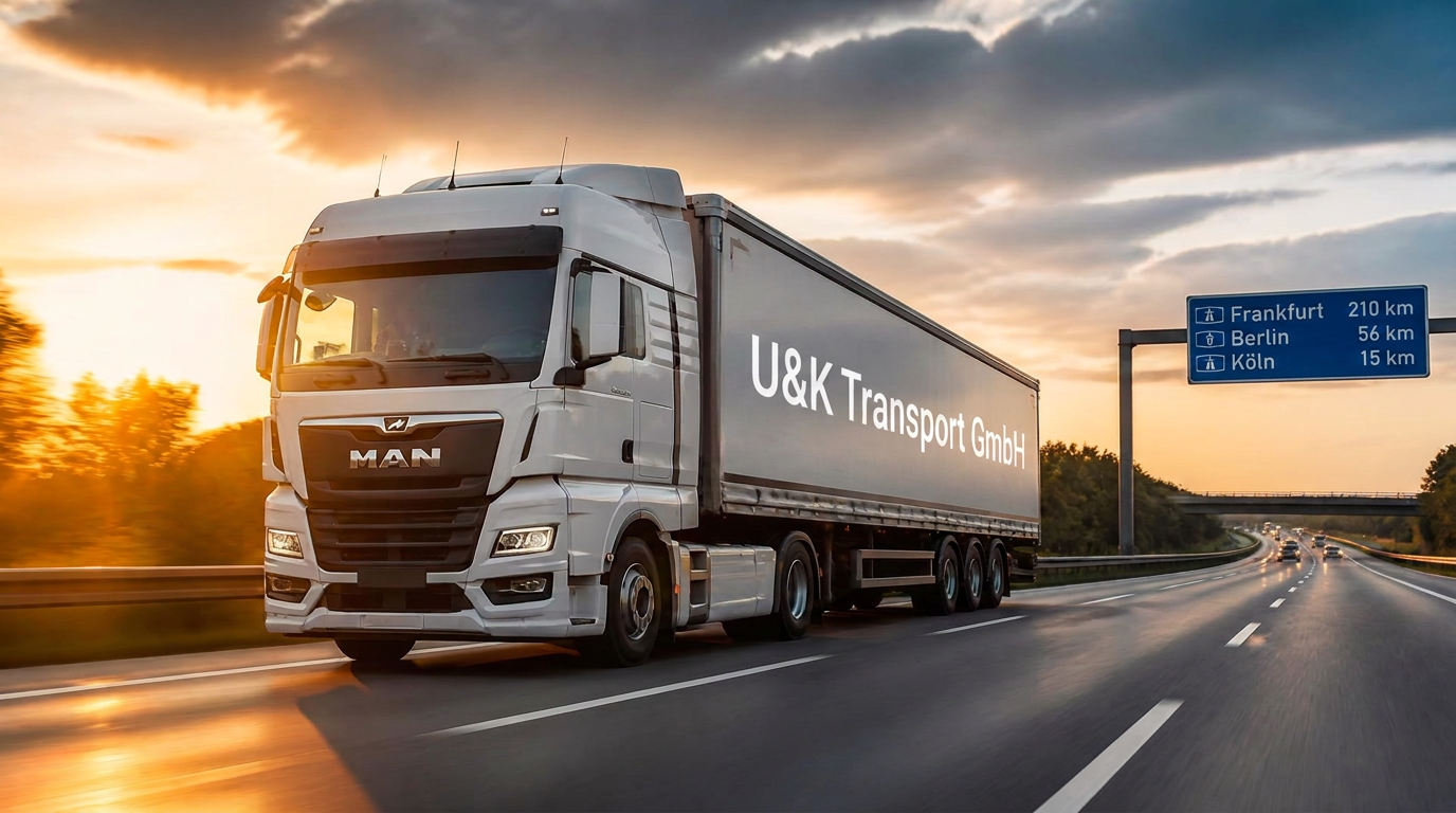 Sattelzug der U & K Transport auf der Autobahn im Abendlicht